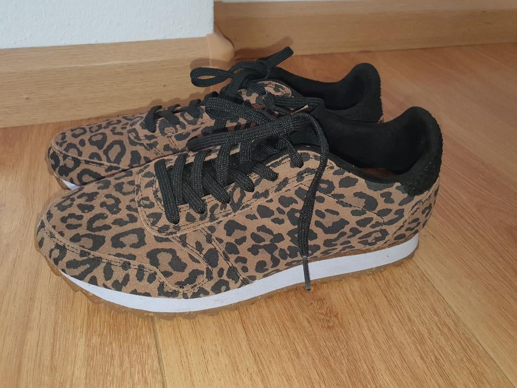 Woden mt.39 sneakers met bruin-zwart tijgerprint leer, Bruin, Ophalen of Verzenden, Woden, Sneakers of Gympen