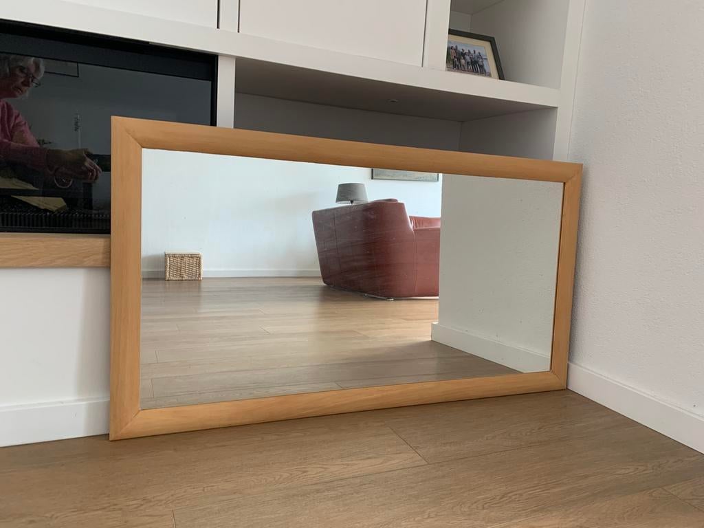 Grote, stoere spiegel met robuuste houten lijst, Ophalen, Gebruikt, 100 tot 150 cm, Rechthoekig