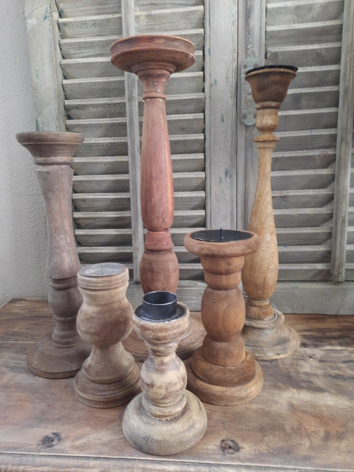 Zes houten kandelaars kandelaar stoer sober hout landelijk, Ophalen, Hout, Kandelaar, 50 cm