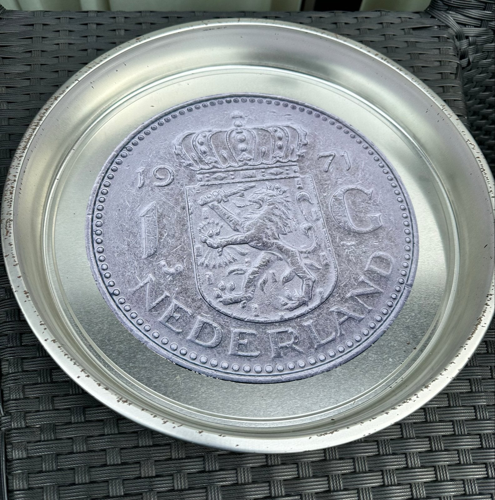 Nederland 1 Gulden 1971 in blik (dienblad of decoratie), Ophalen of Verzenden, Koningin Juliana, 1 gulden, Losse munt