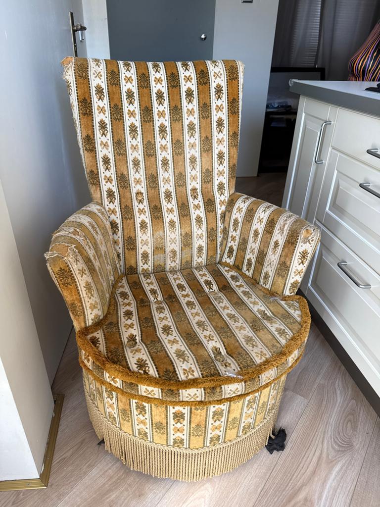 Vintage fauteuil met franjes - Okergeel gestreept, Ophalen