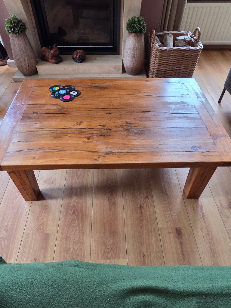 Salontafel handgemaakt van wagonhout., Huis en Inrichting, Tafels | Salontafels, Ophalen, Gebruikt, 100 tot 150 cm, Eikenhout