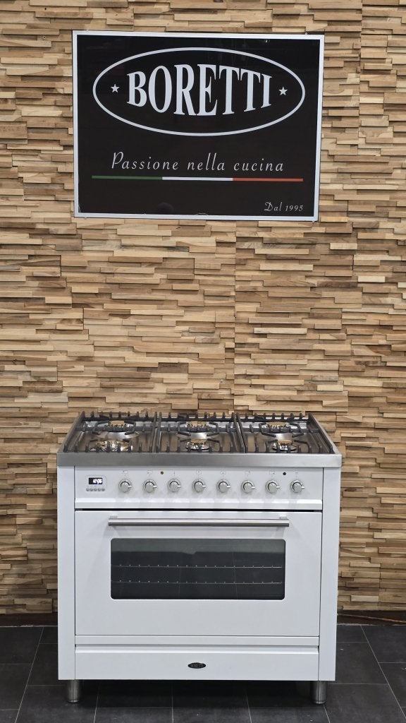 Luxe Boretti Fornuis 90cm wit + rvs 6 pits 300 oven, Niet ingevuld, 60 cm of meer, Niet ingevuld, Ophalen of Verzenden
