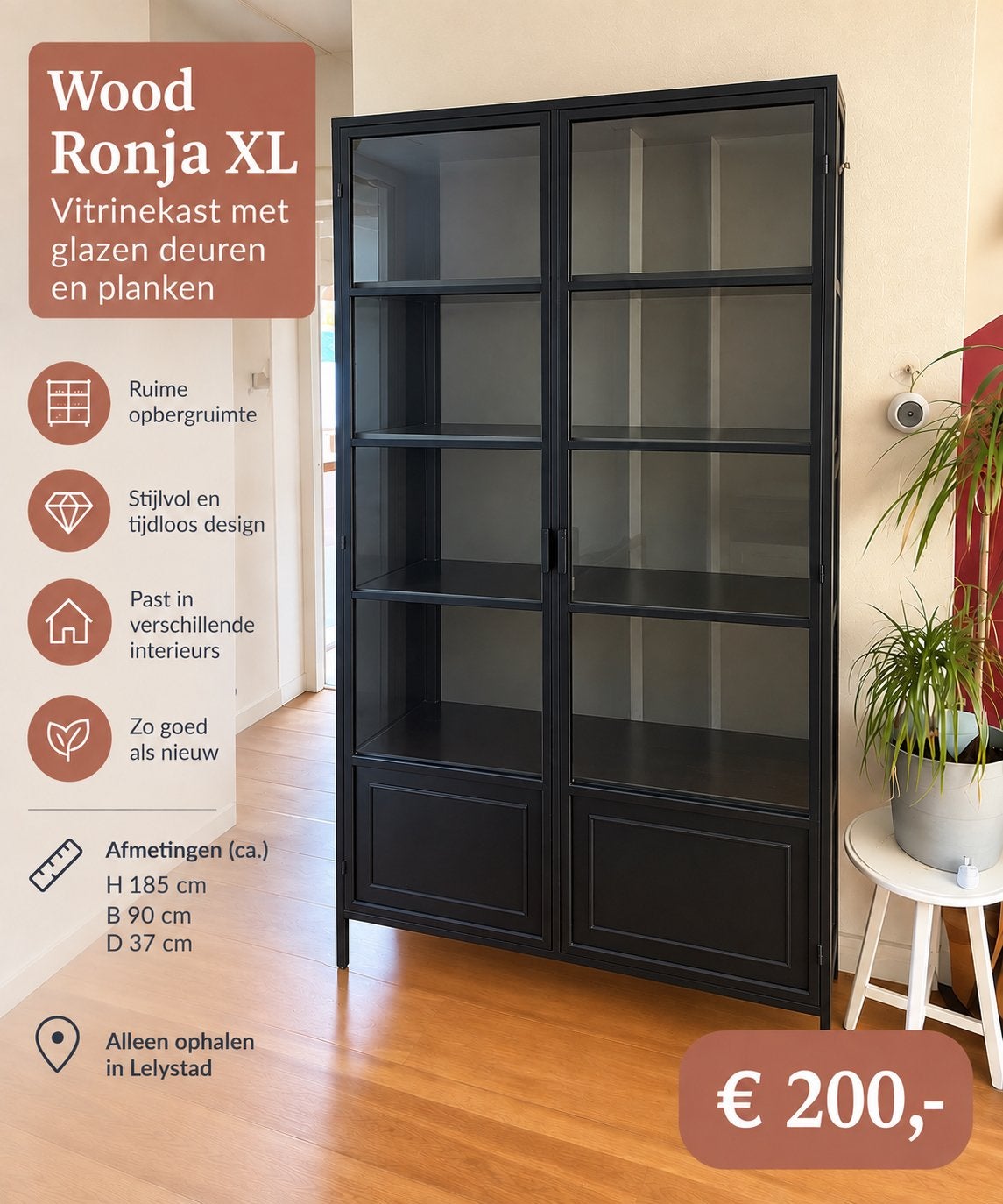 Woood Ronja XL met glazen deuren en planken, Ophalen, Gebruikt, 50 tot 100 cm, Metaal
