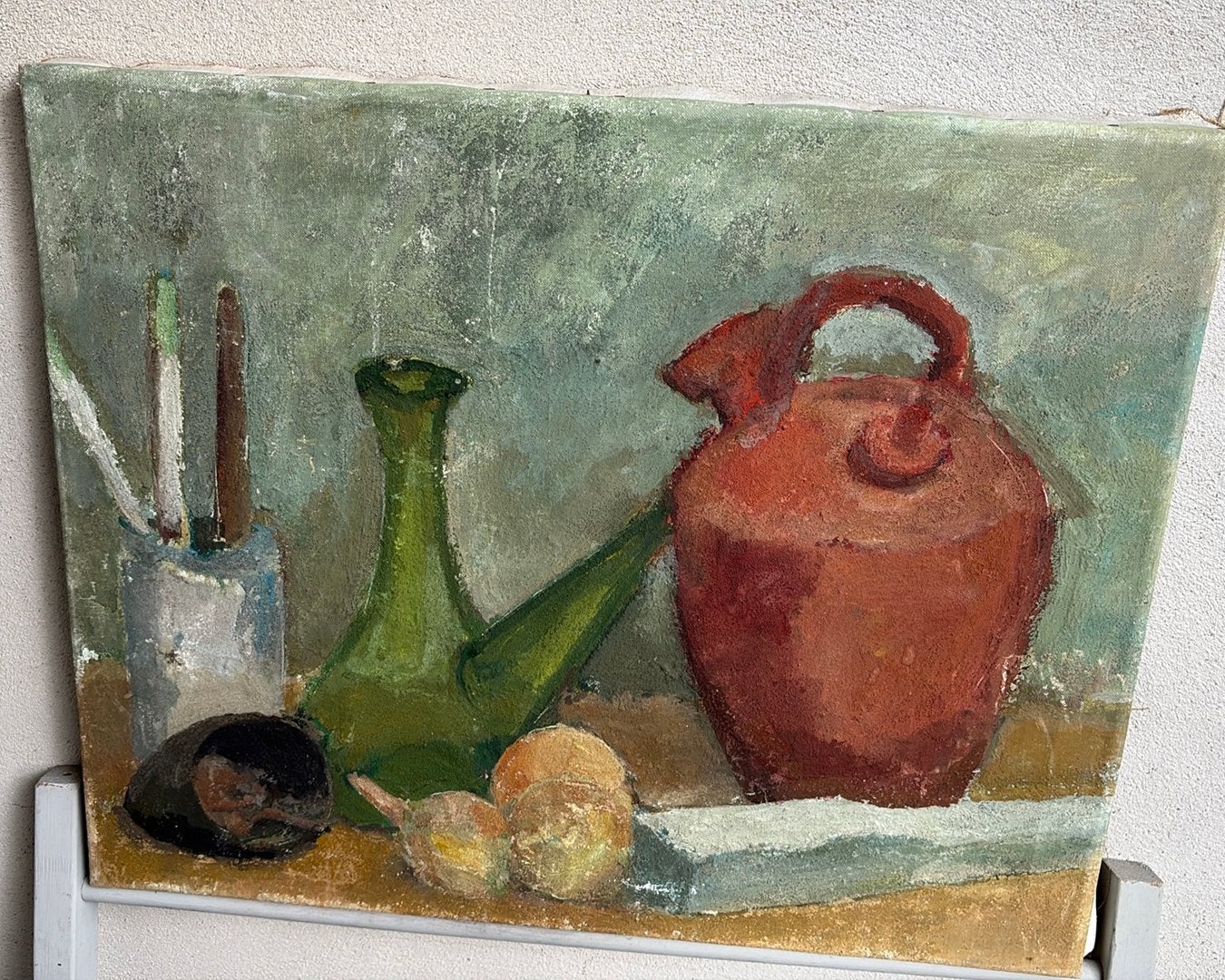 SCHILDERSTUK STILLEVEN OP LINNEN kruik en fles, Antiek en Kunst, Ophalen of Verzenden