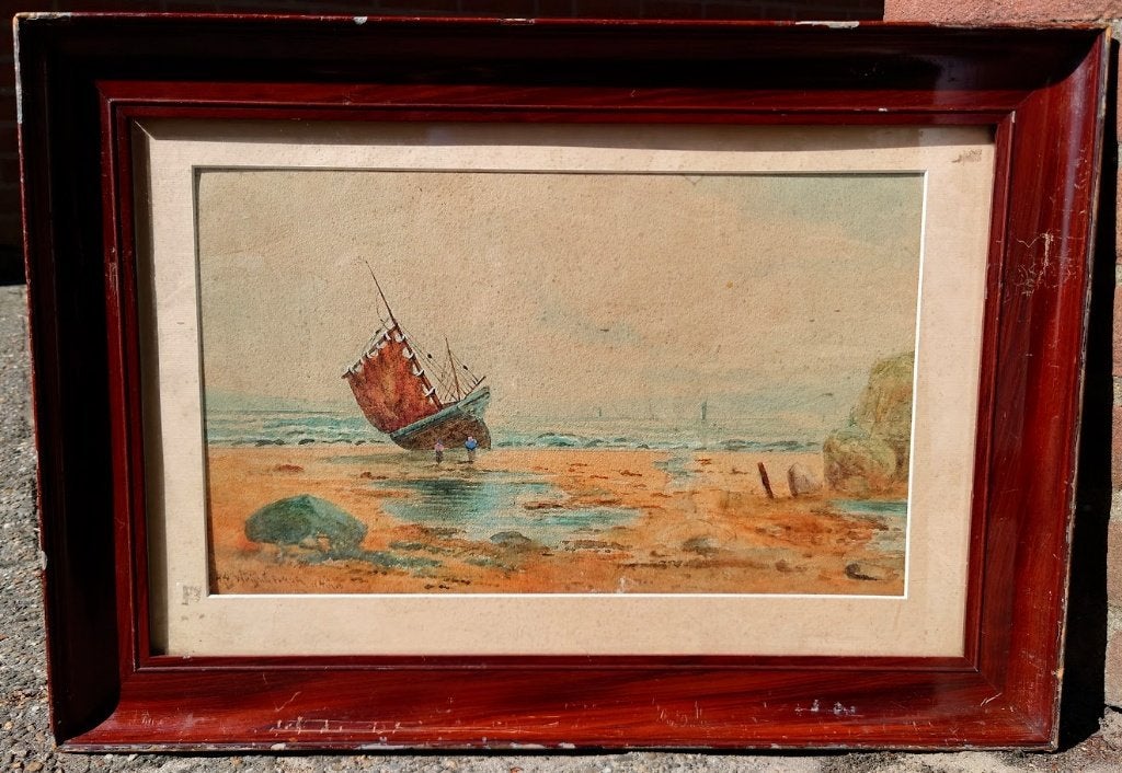 Richard Henry WRIGHT (1857-1930) Strand scene met vissers, Antiek en Kunst, Kunst | Schilderijen | Klassiek, Maritiem / water