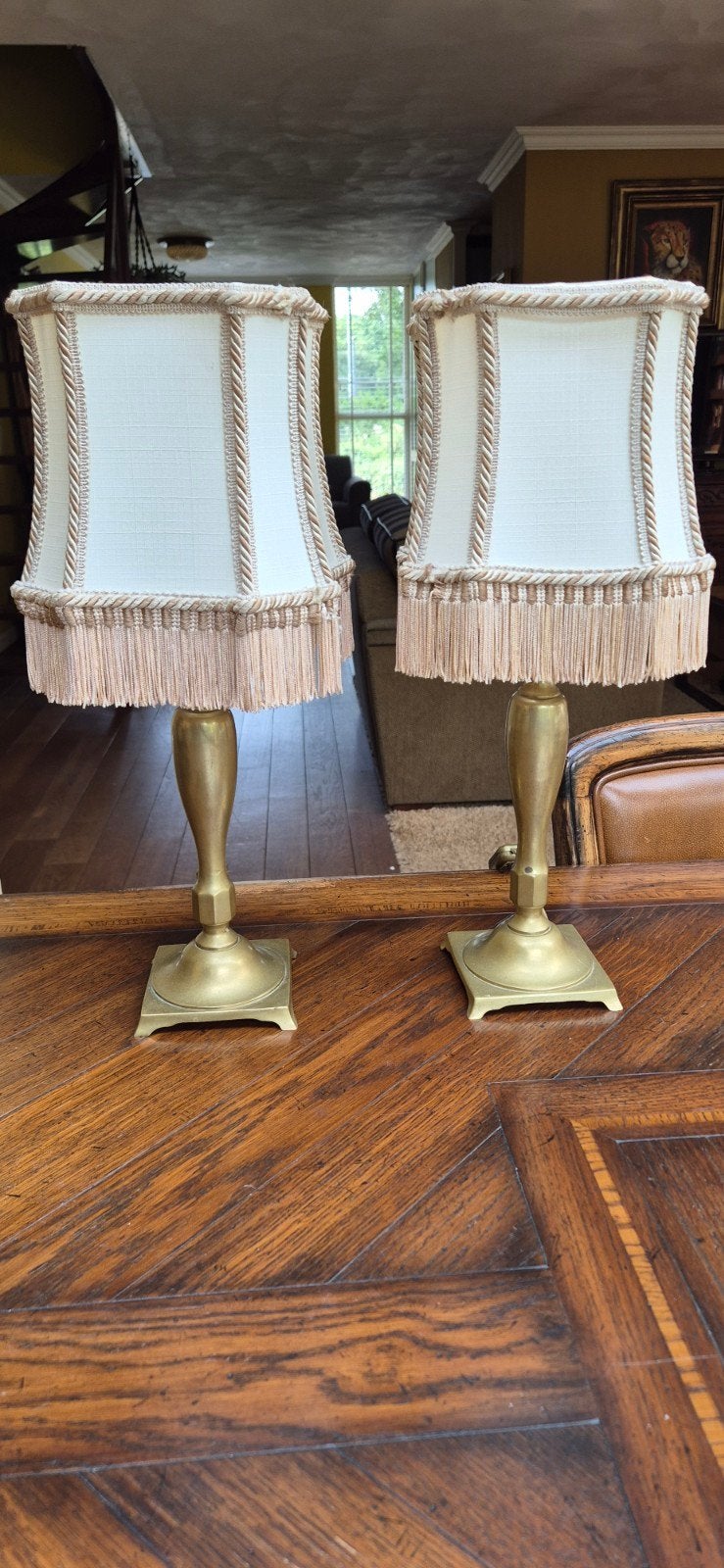 Set van 2 vintage messing tafellampen met kwastjeskappen, Ophalen of Verzenden