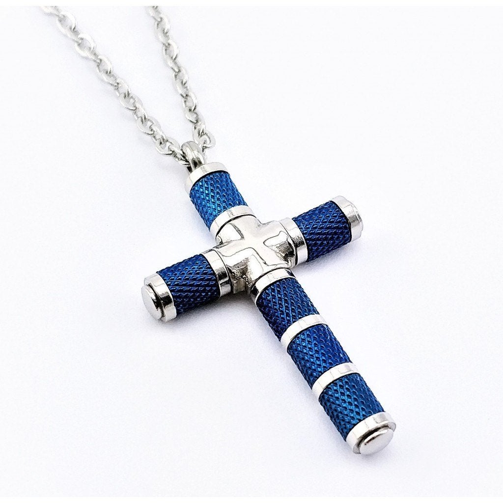 Zilverkleur-Blauw RVS Kruis met Jasseron Ketting, Sieraden, Tassen en Uiterlijk, Met hanger, Overige materialen, Birgitta-Gracht 33, 6465 EL Kerkrade, Nederland