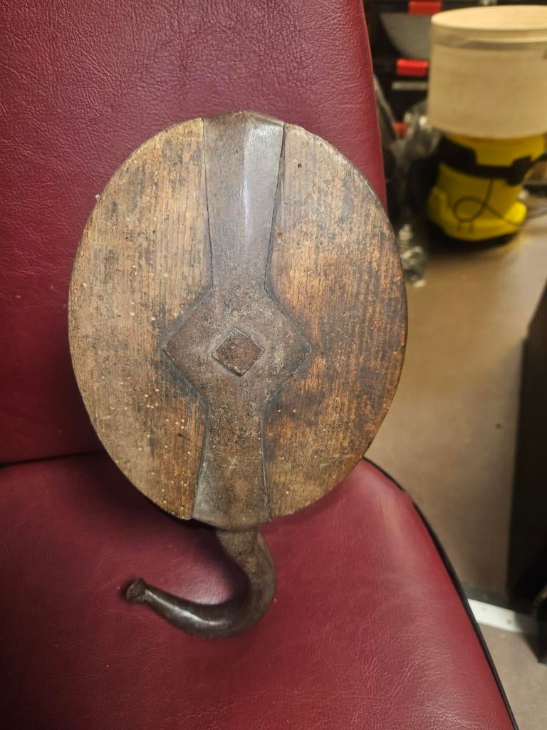 Antieke houten katrol met haak - Maritieme decoratie, Antiek en Kunst, Ophalen of Verzenden