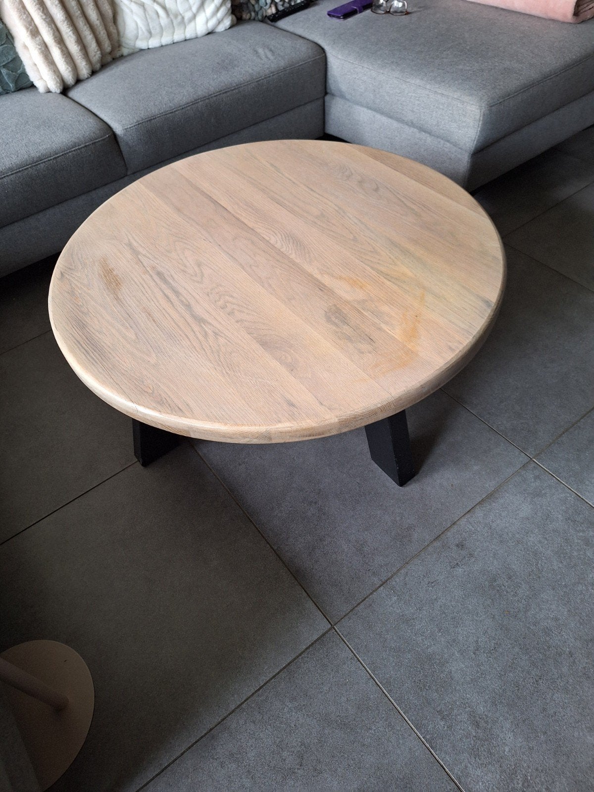 Ronde salontafel massief eiken blad, zwart stalen onderstel, Ophalen, Gebruikt, 50 tot 100 cm, Rond