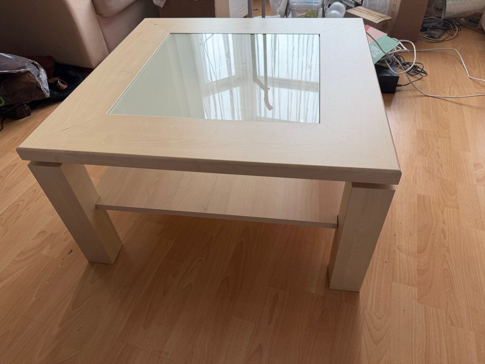 Salontafel met glazen blad - Licht hout, Ophalen, Gebruikt, Vierkant, 50 tot 100 cm