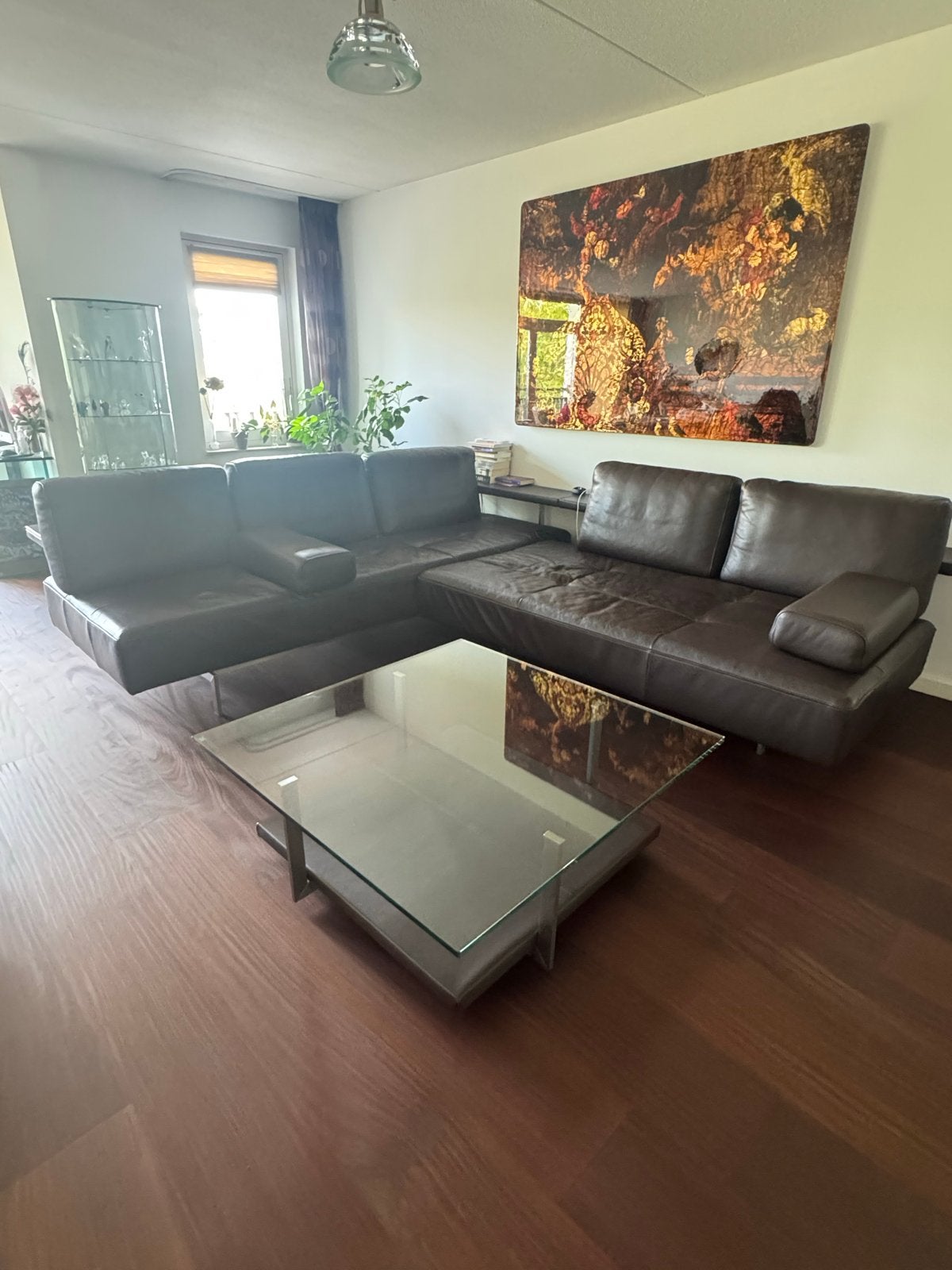 Bruine leren hoekbank + tafel Rolf Benz, Gebruikt, Hoekbank, Ophalen of Verzenden, 200 tot 250 cm