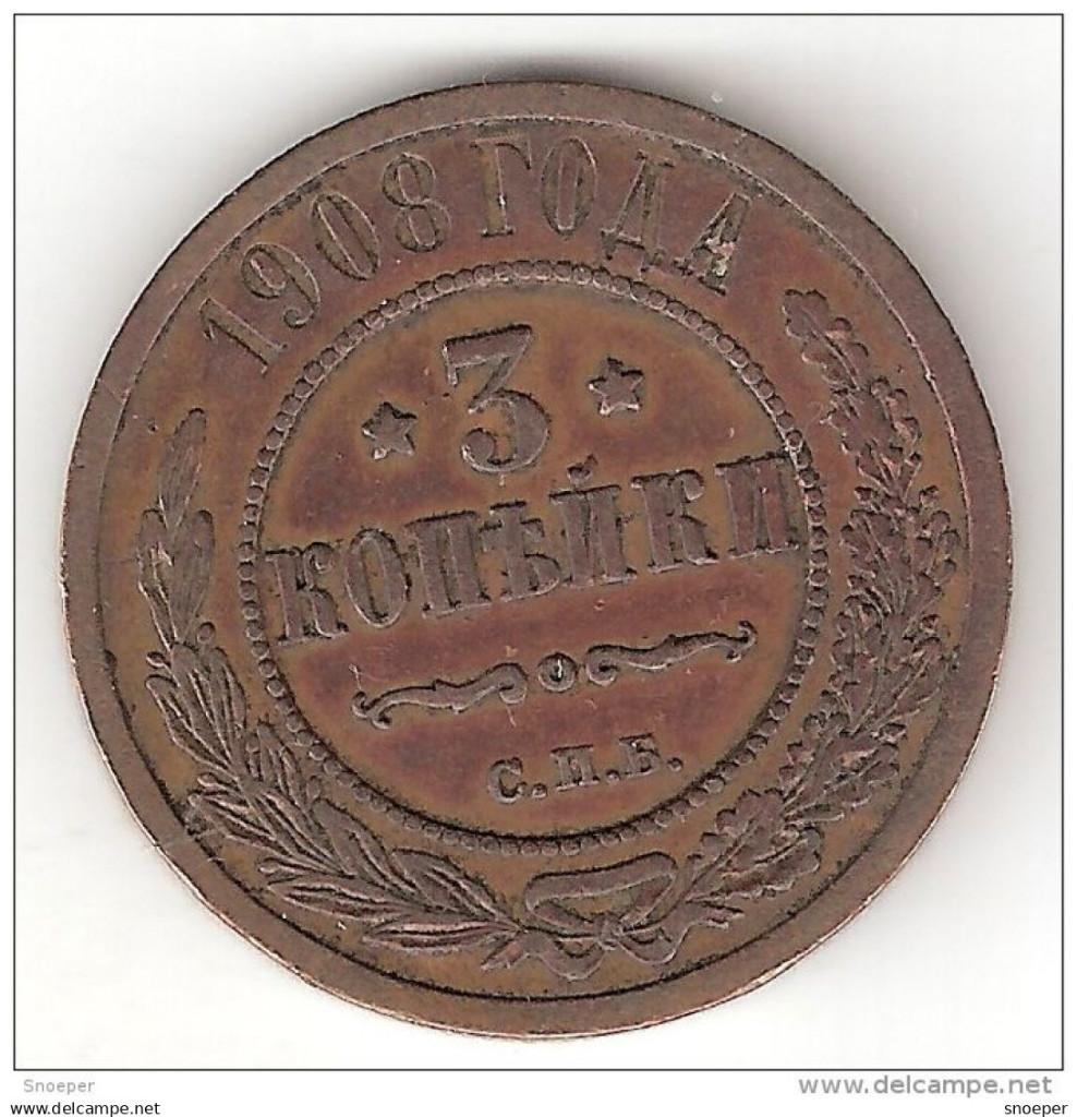 russia 3 kopeks 1908 km 11.2 vf+, Verzenden, Rusland, Losse munt