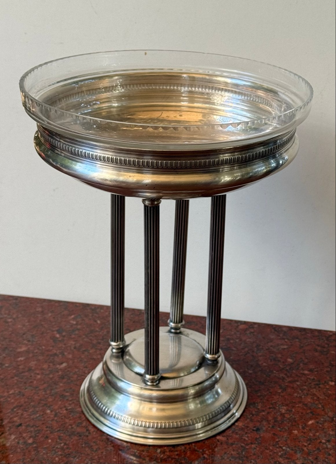 Antieke verzilverde standaard met glazen schaal, Antiek en Kunst, Ophalen of Verzenden, Zilver