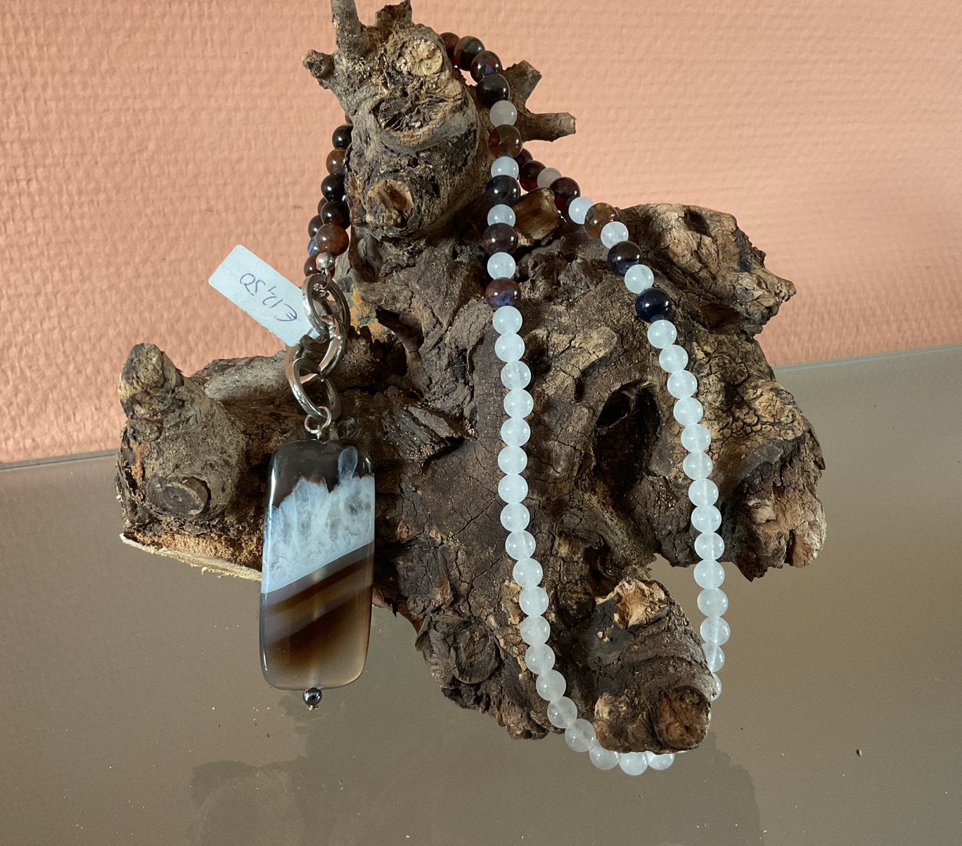 Ketting met agaat en jade kralen en agaat hanger, Bruin, Nieuw, Ophalen of Verzenden, Steen of Mineraal
