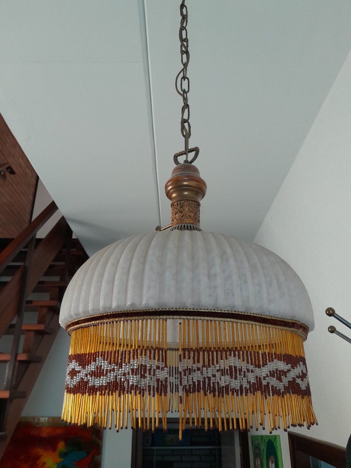 Vintage glazen hanglamp met kralenfranjes, jaren '40-'50, Antiek en Kunst, Ophalen