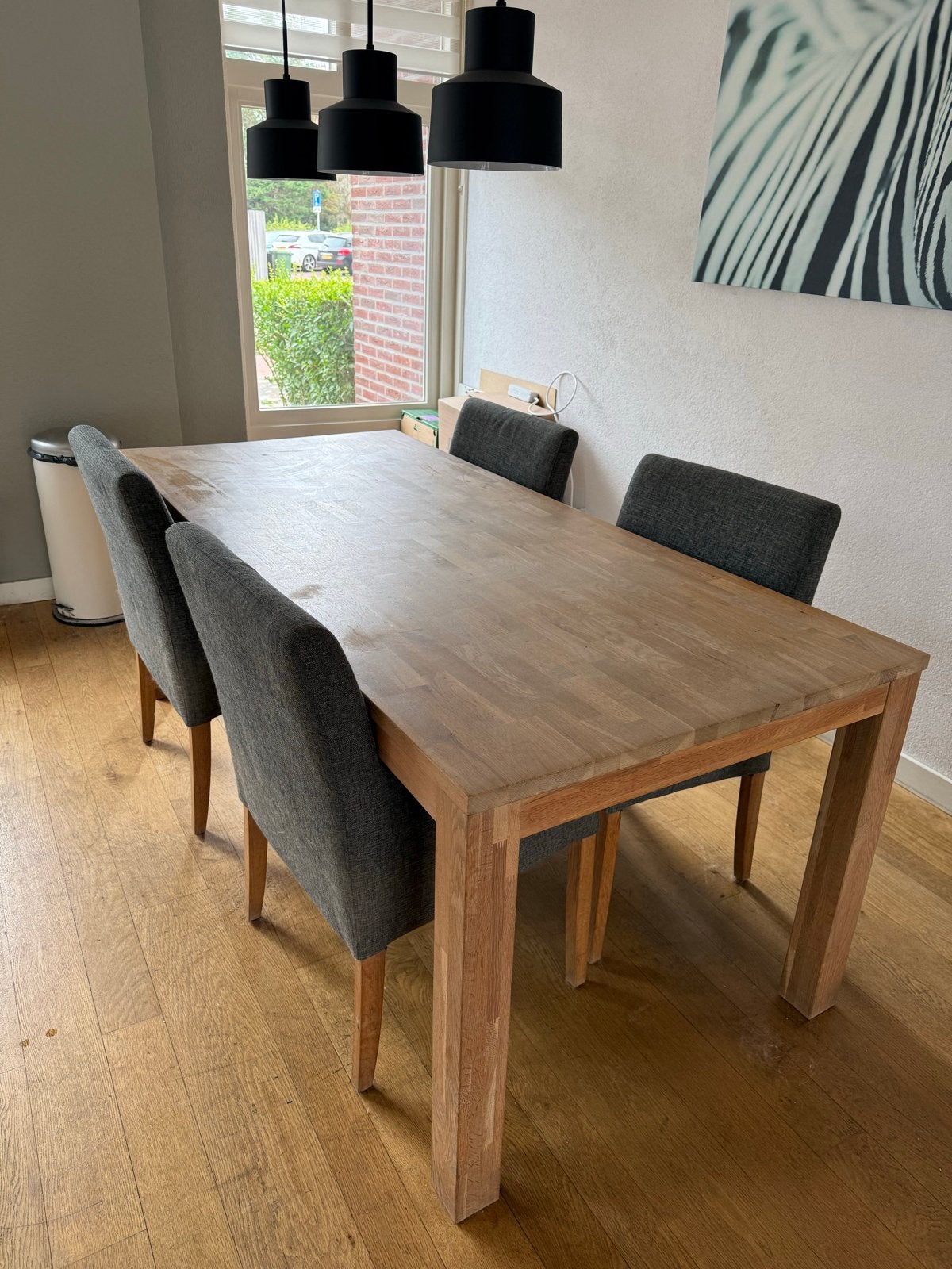 Eikenhouten eettafel met 4 stoelen, Ophalen, Gebruikt, Eikenhout, 50 tot 100 cm