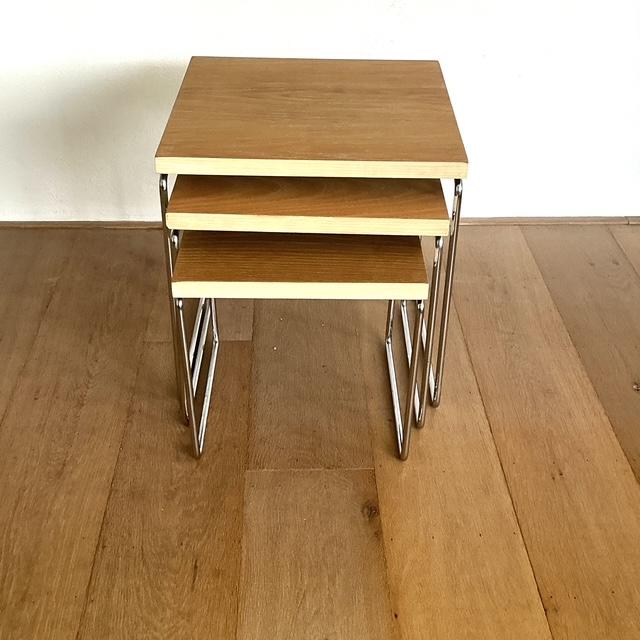 Vintage Brabantia mimiset, nesting tables, bijzettafels, 45 tot 60 cm, Minder dan 55 cm, Gebruikt, Vierkant