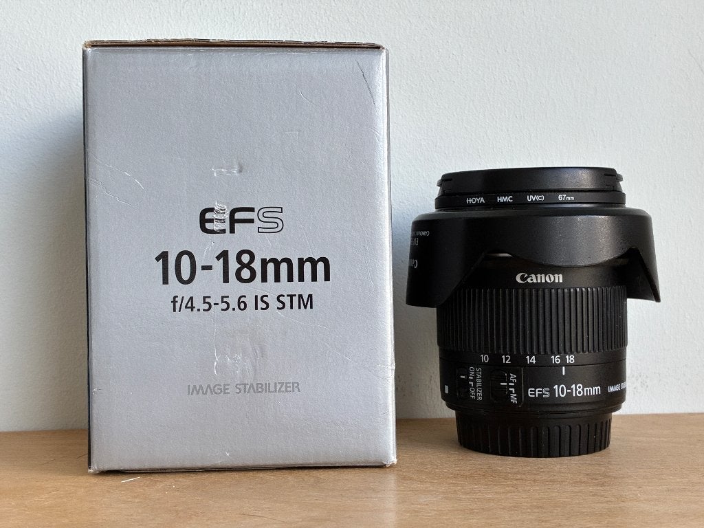 Canon EF-S 10-18mm f/4.5-5.6 IS STM + zonnekap & UV-filter, Ophalen, Canon, 18 mm, Groothoeklens