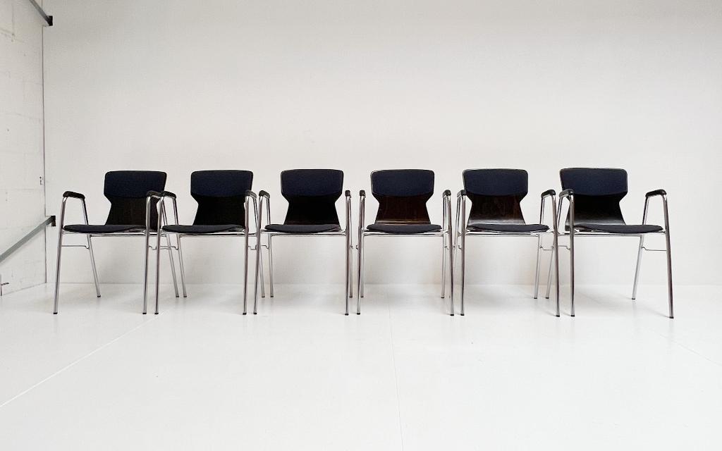 Set van 6 gestoffeerde Eromes Pagholz stoelen, 1960's, Huis en Inrichting, Gebruikt, Blauw, Design, Ophalen of Verzenden