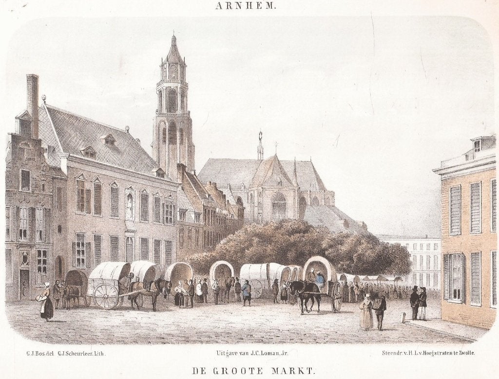 Arnhem De Groote Markt Litho 1857, Antiek en Kunst, Origineel, 1800 - 1899, Stadsgezicht, Ophalen of Verzenden