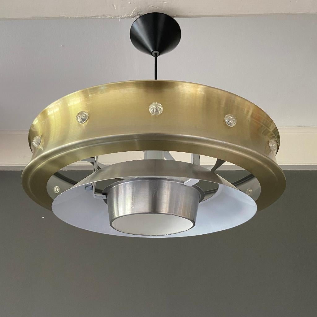 Vintage jaren 60 aluminium hanglamp Deens design, Huis en Inrichting, Lampen | Hanglampen, Scandinavisch design, Gebruikt, Lamellen lamp