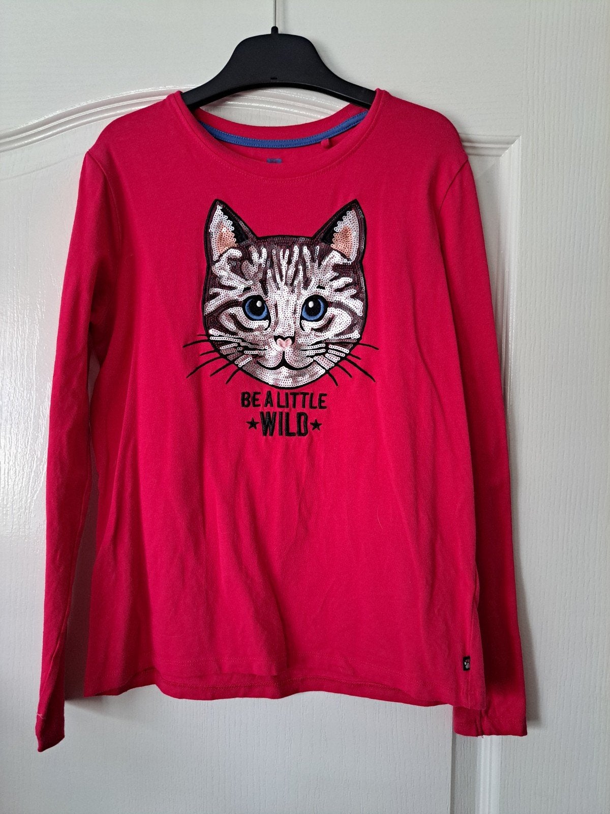 Roze longsleeve met kattenprint en pailletten WE, Gebruikt, Meisje, Ophalen of Verzenden, Shirt of Longsleeve