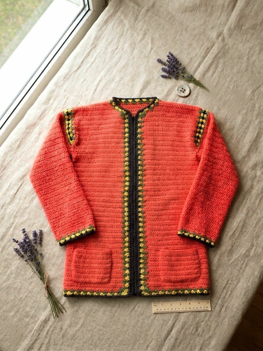 Handgemaakt gehaakt vest in rood met kleurrijke details, Ophalen of Verzenden, Zo goed als nieuw, Handgemaakt, Maat 36 (S)