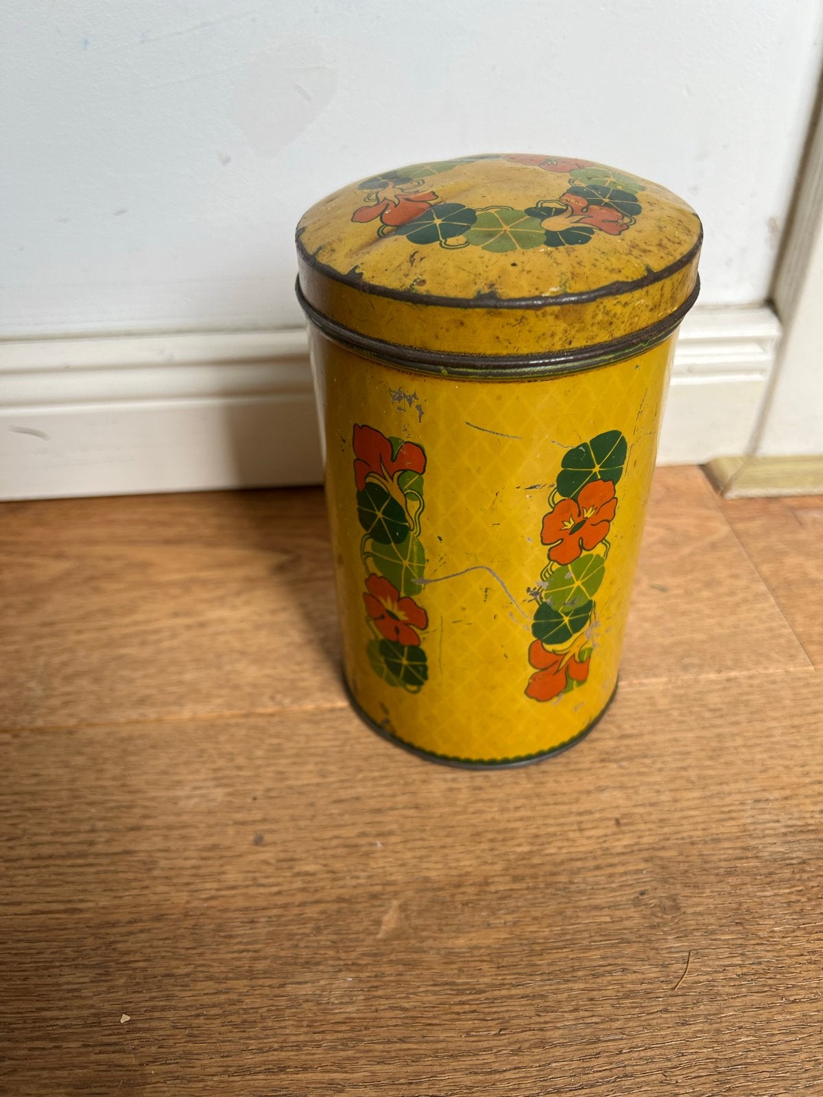 Vintage Verkade blik met Oost-Indische kers bloemmotief, Verzamelen, Blikken, Gebruikt, Koek(jes), Verkade, Ophalen of Verzenden
