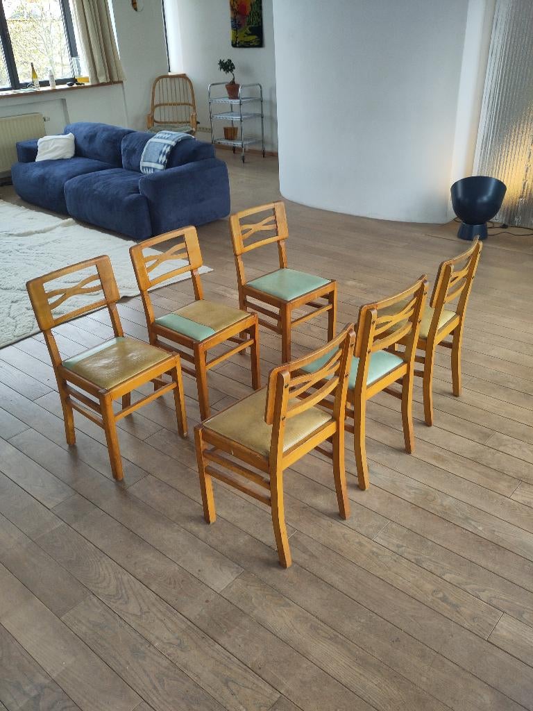 6 unieke mid century stoelen, Huis en Inrichting, Ophalen, Gebruikt, Bruin, Mid-Century