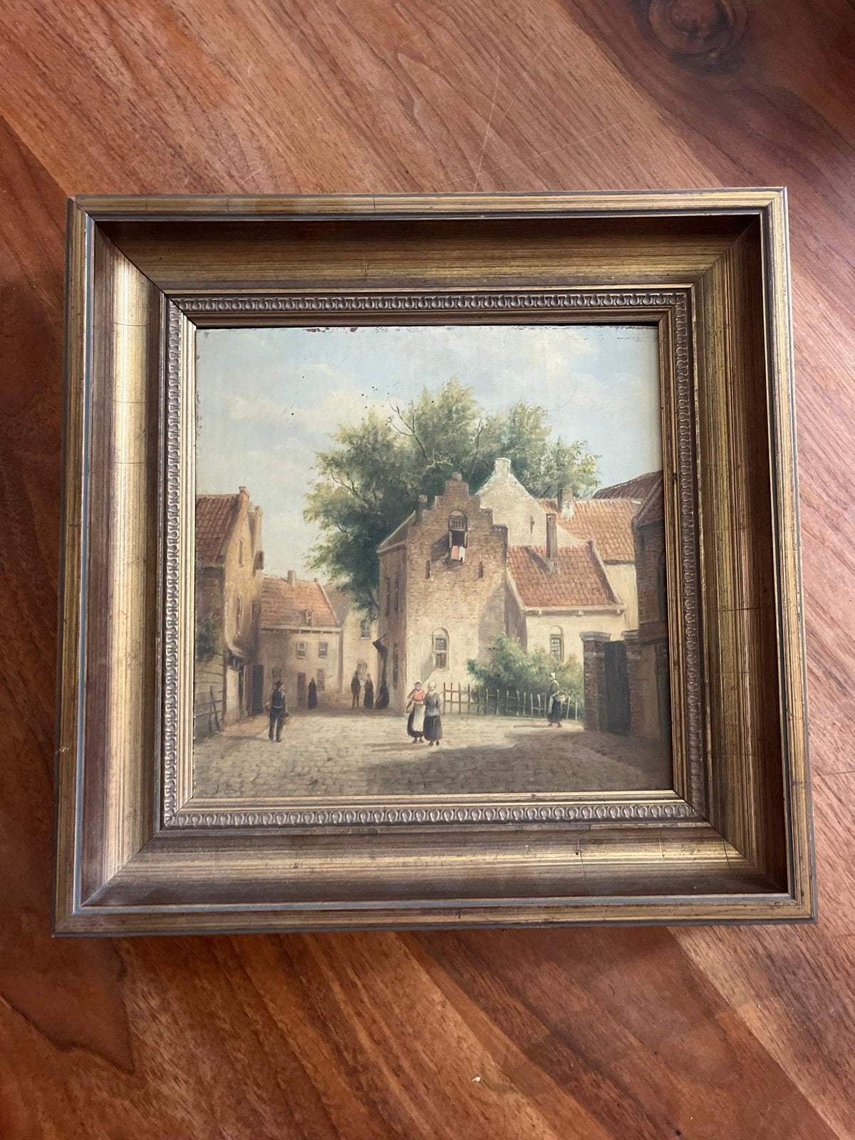 Oud Hollands Stadsgezicht Olieverf Schilderij 31x31 cm, Doek, Oud hollands, Ophalen of Verzenden, Olieverf