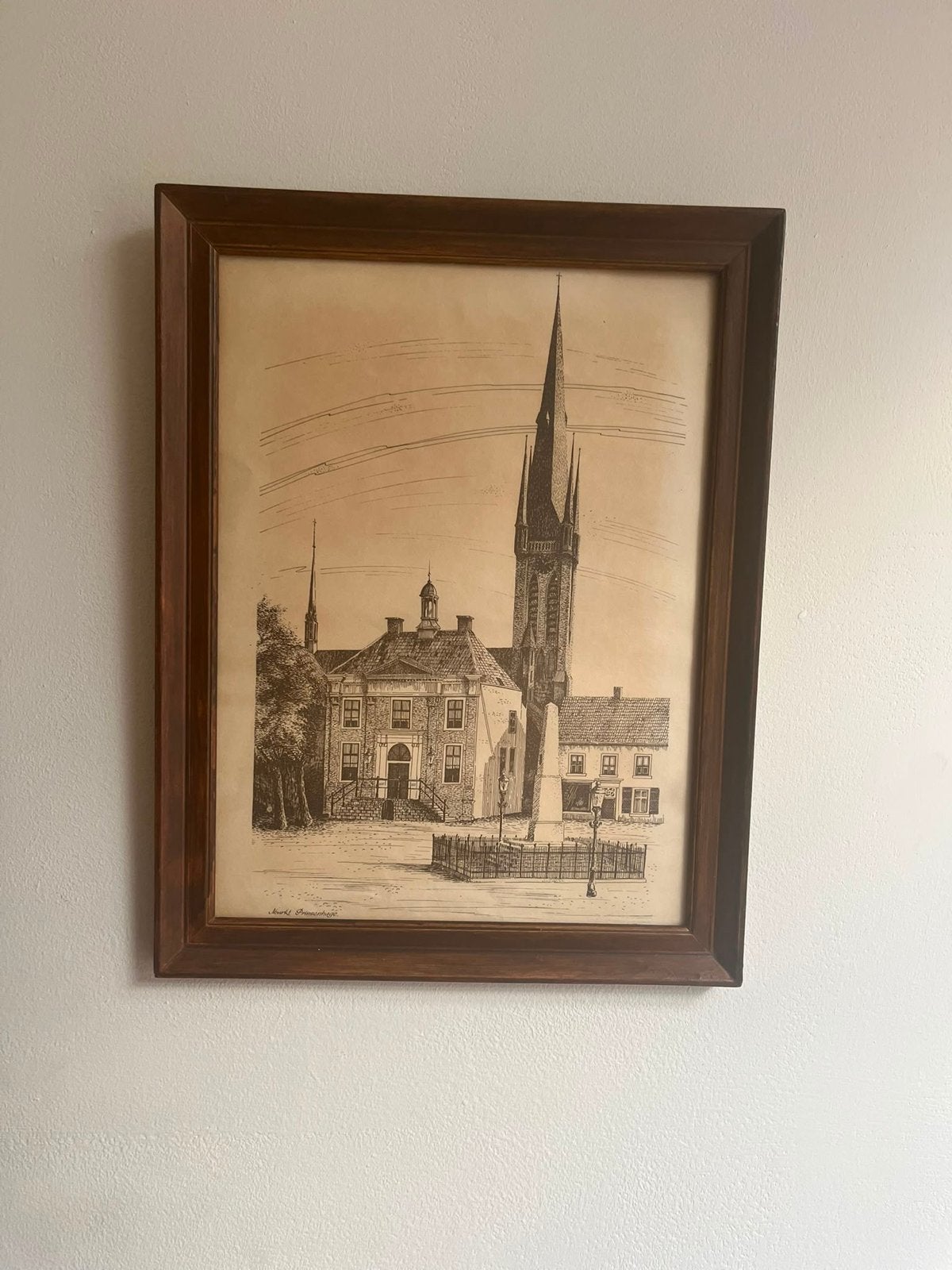 Oude prent Markt Prinsenhaag - Stadsgezicht, Antiek en Kunst, Ingelijst, Ophalen of Verzenden, 1900 - 1949, Overige technieken