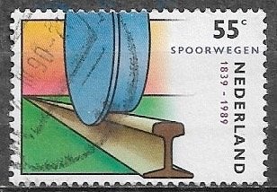 NL 55 cent zegel 150 jaar Nedl. Spoorwegen - Het spoor 1989, Verzenden, Gestempeld, Treinen
