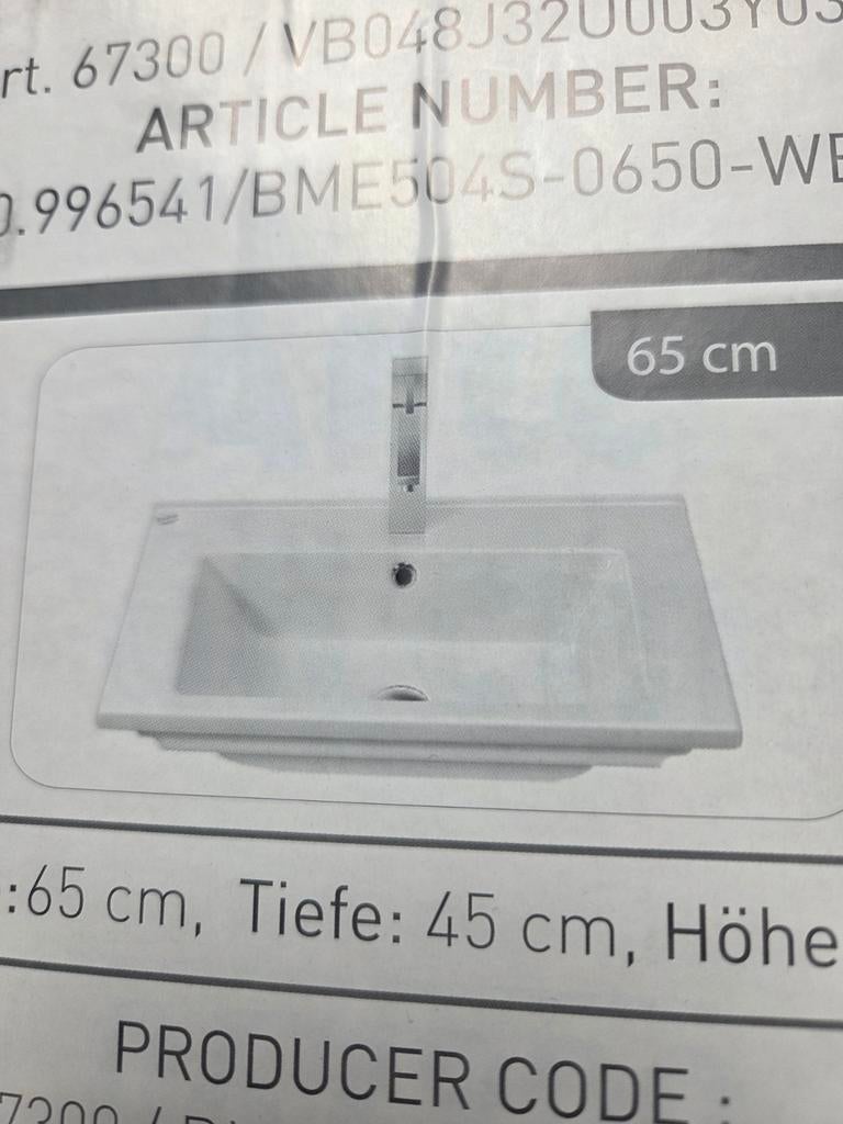 Nieuwe wasbak in doos - 65x45x17 cm, Ophalen, Nieuw, Wastafel
