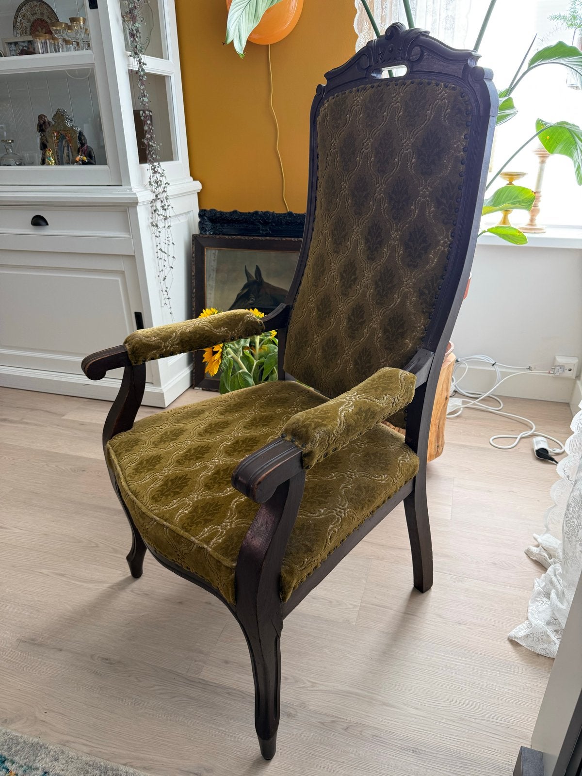 Antieke Queen Anne Fauteuil - Groen Velours, Ophalen, Gebruikt, Minder dan 75 cm, 50 tot 75 cm