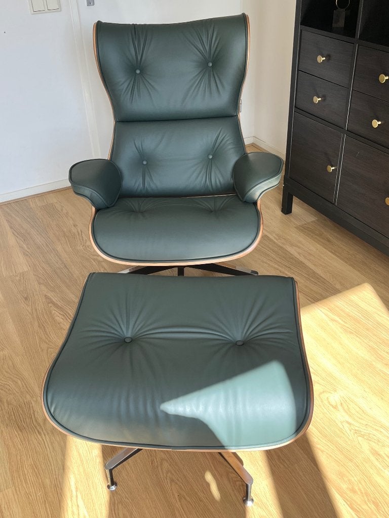 Leer relax fauteuil+Ottoman d.groen+essen hout Cavel Design, Ophalen, Minder dan 75 cm, Zo goed als nieuw, 75 tot 100 cm