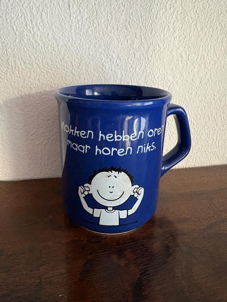 Blue Band mok, beker 'mokken hebben oren maar horen niks', Huis en Inrichting, Keuken | Servies, Ophalen of Verzenden, Zo goed als nieuw
