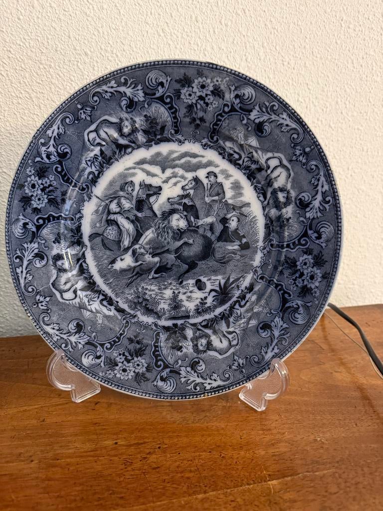 Antieke Delfts Blauwe Borden met Jachtscène (2 stuks), Verzenden