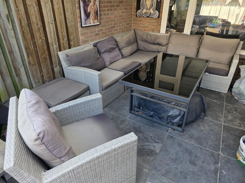 Complete tuinset met hoekbank, stoel, hocker en tafel, Ophalen, Gebruikt, Wicker, Tuinset