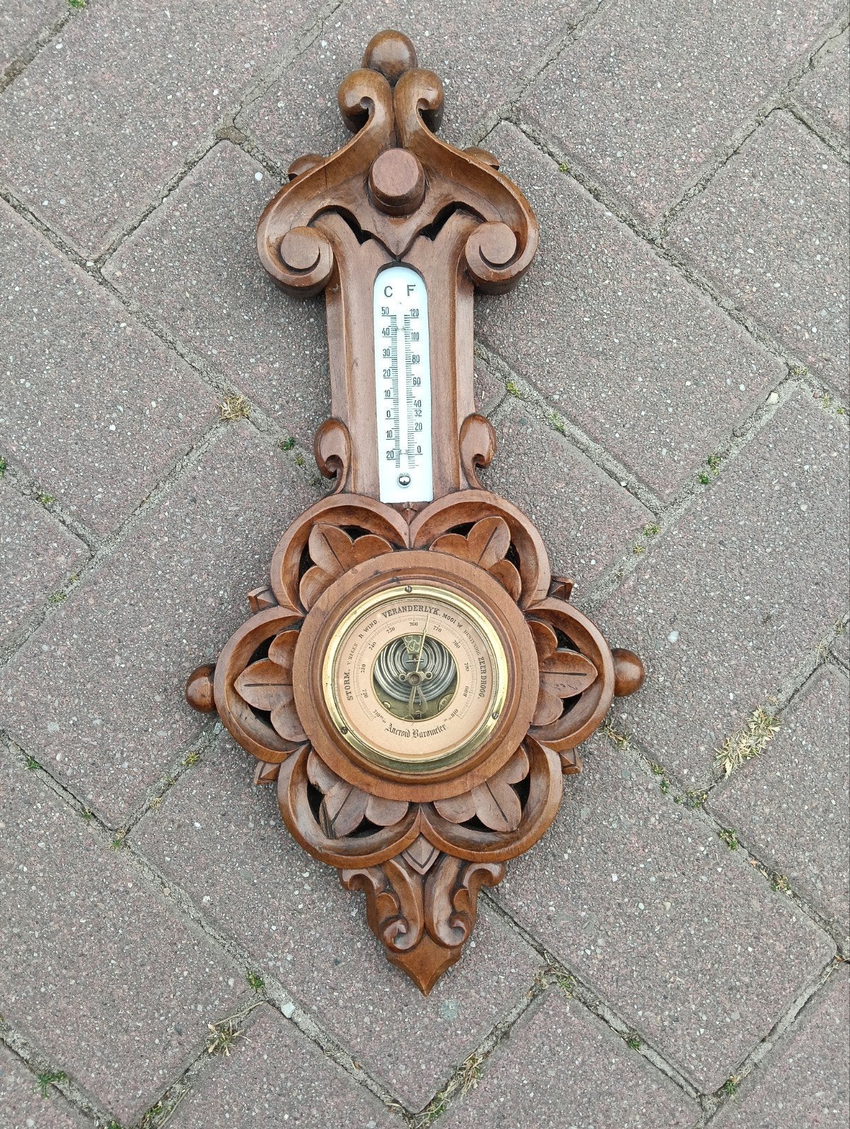 Antieke Barometer met Thermometer - Houtsnijwerk, Ophalen of Verzenden, Gebruikt, Barometer