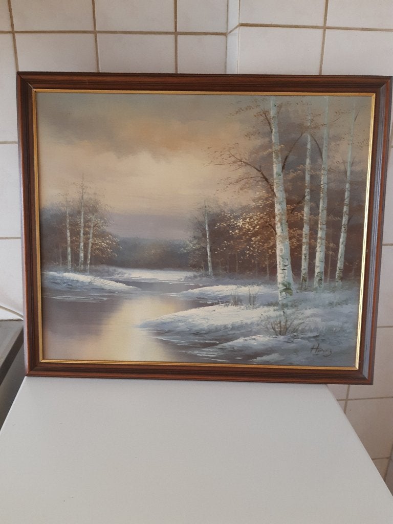schilderij winterlandschap, Paneel, Overige stijlen, Landschap, Olieverf