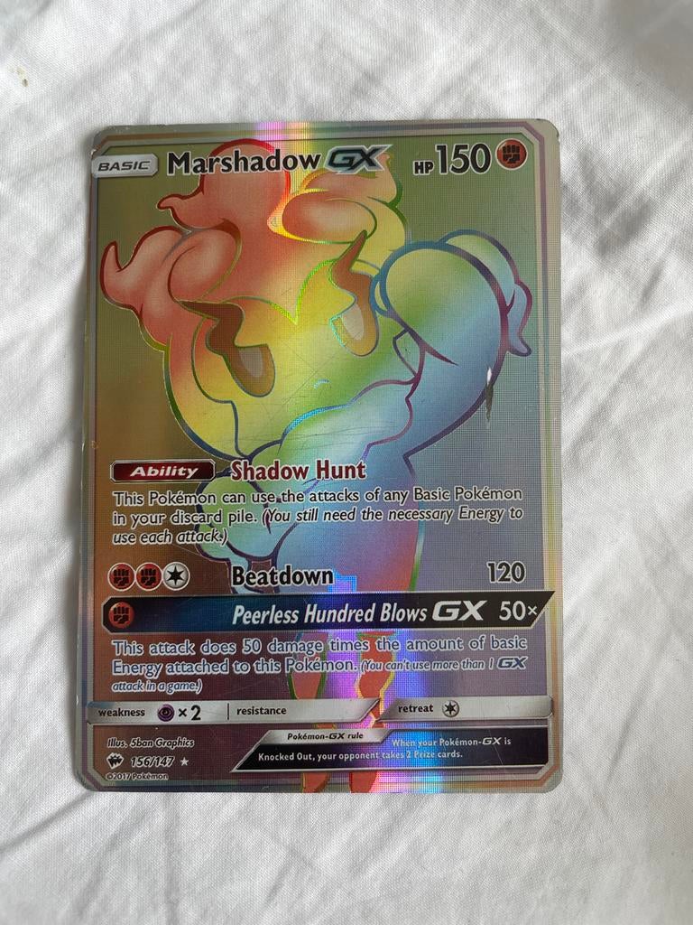 Marshadow GX Rainbow Rare Pokémon Kaart 156/147, Ophalen of Verzenden, Zo goed als nieuw, Losse kaart, Foil
