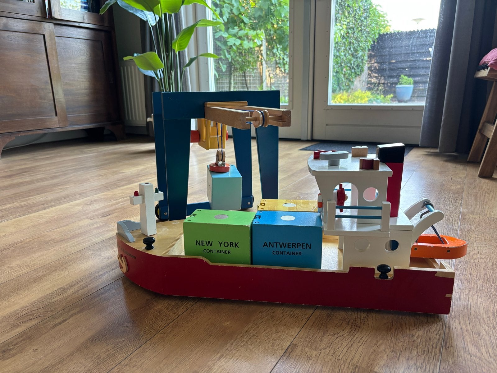 Houten speelgoed containerschip met kraan, Ophalen, Gebruikt