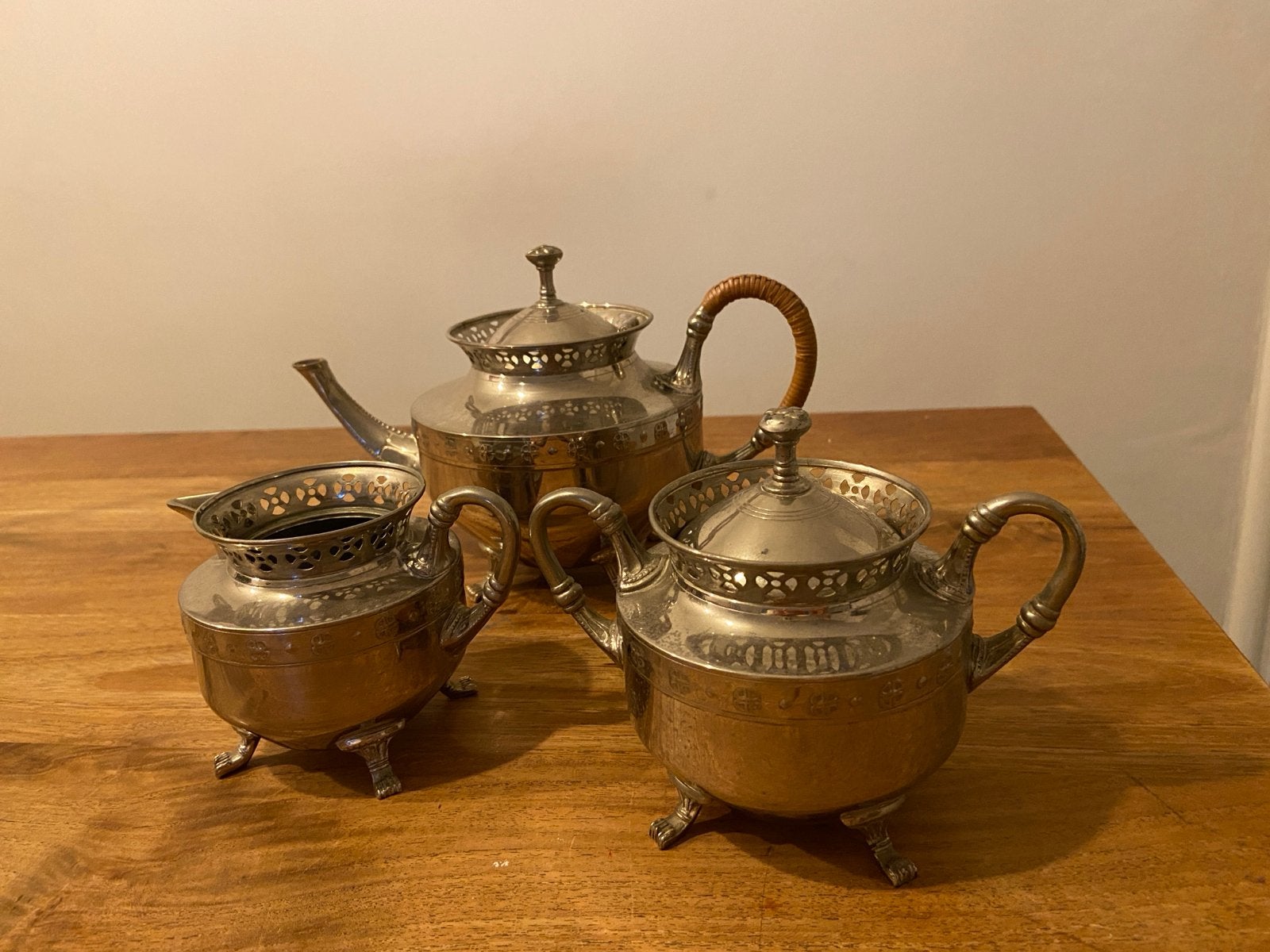 Vintage Verzilverd Theeservies - Theepot, Suikerpot, Melkkan, Ophalen of Verzenden, Zilver