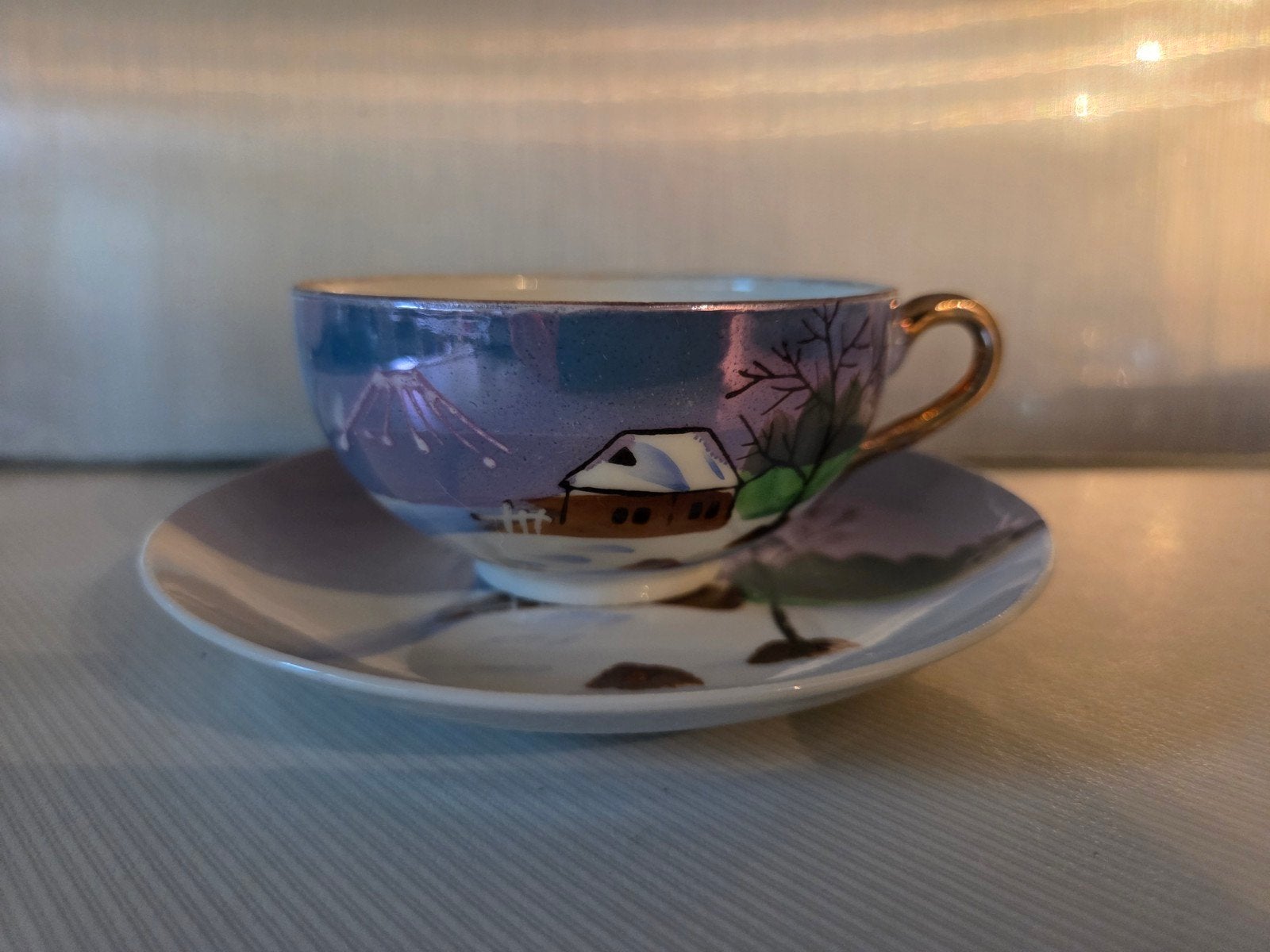 Vintage Japanse theekop en schotel - Winterlandschap, Antiek en Kunst, Ophalen of Verzenden