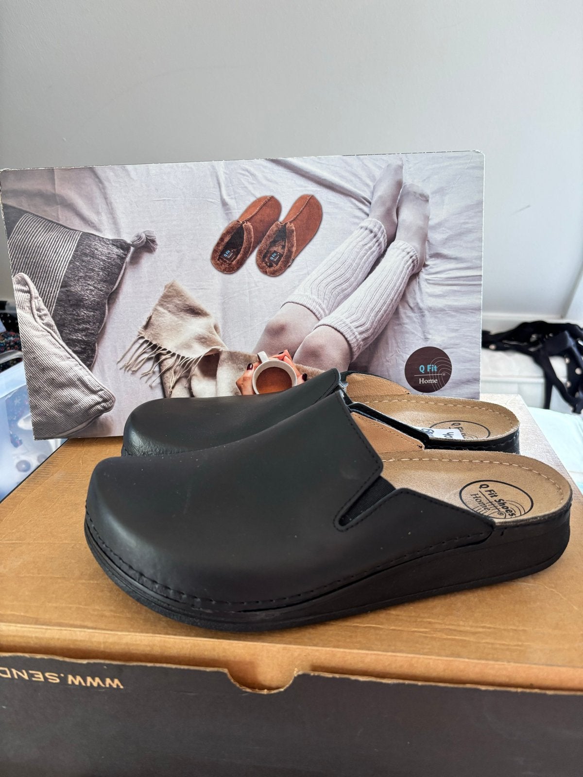 Q Fit Shoes Home Venetie Zwarte Leren Muilen Maat 40, Zwart, Nieuw, Sandalen of Muiltjes, Ophalen of Verzenden