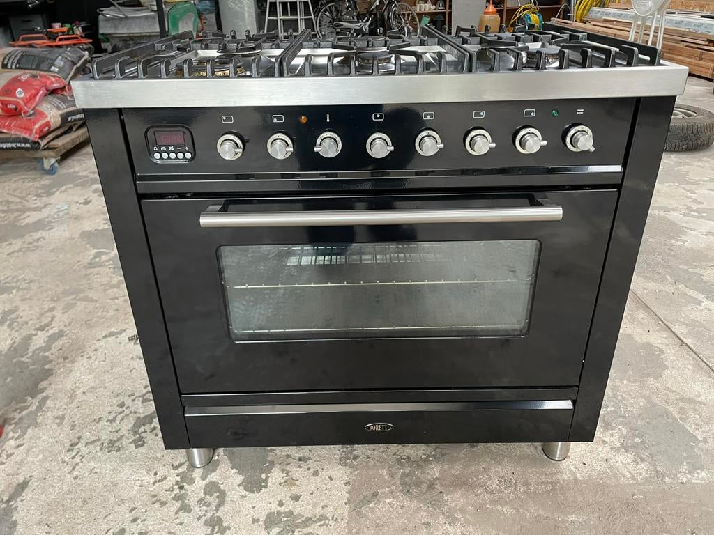 Boretti fornuis 90 cm – 6 pits – Zwart/RVS, Ophalen, 60 cm of meer, Zo goed als nieuw, Gas