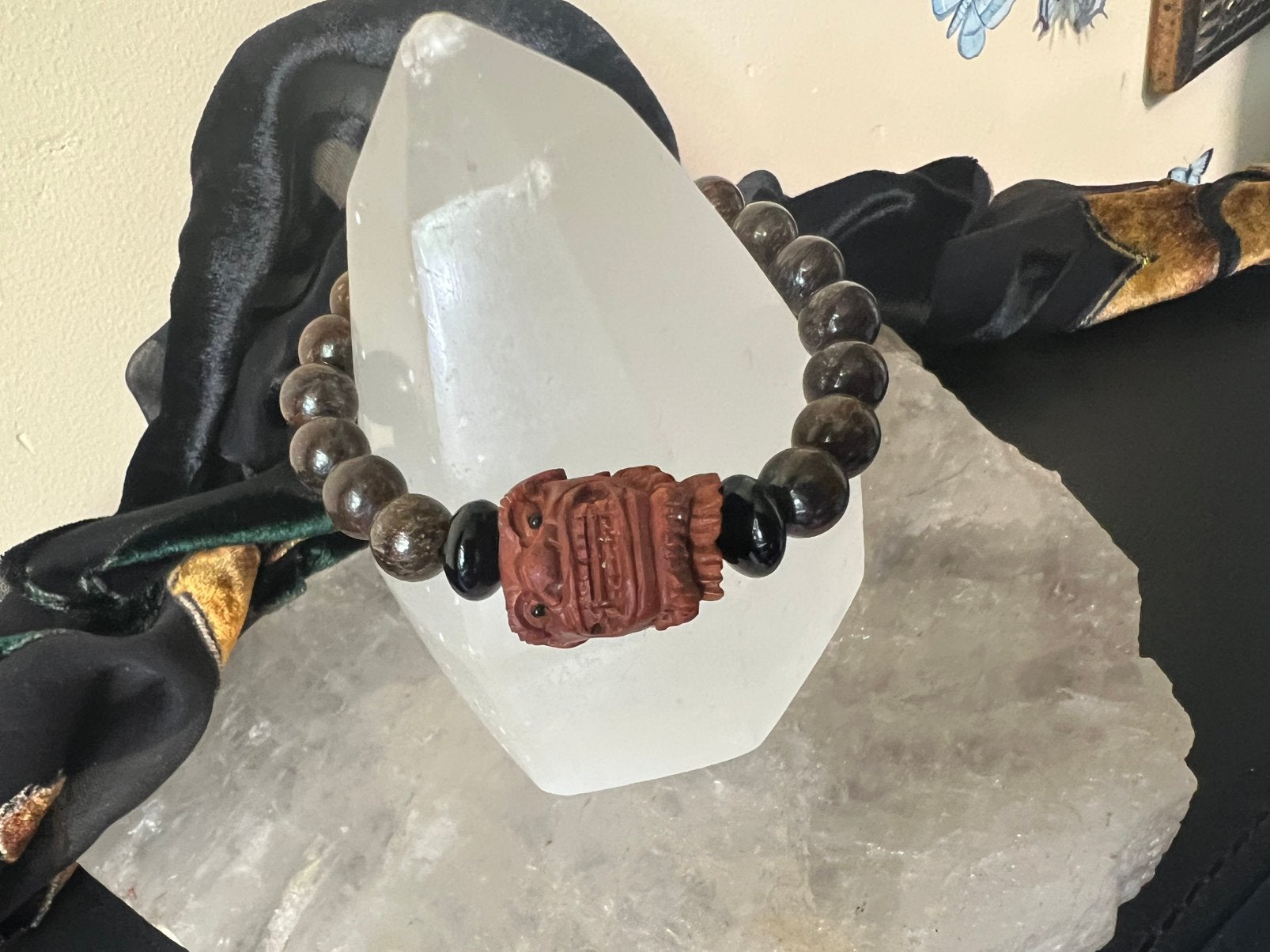 Bronziet ojime draak amulet onyx beschermt power magie uniek, Ophalen of Verzenden, Nieuw, Bruin, Met bedels of kralen
