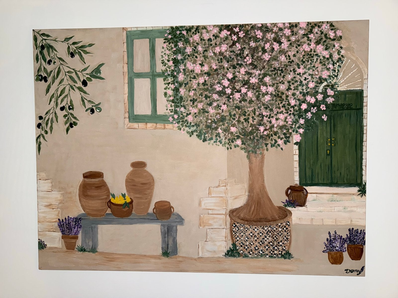 Schilderij: Mediterrane scène met bloeiende boom, Doek, Realistisch, Ophalen of Verzenden, Gesigneerd