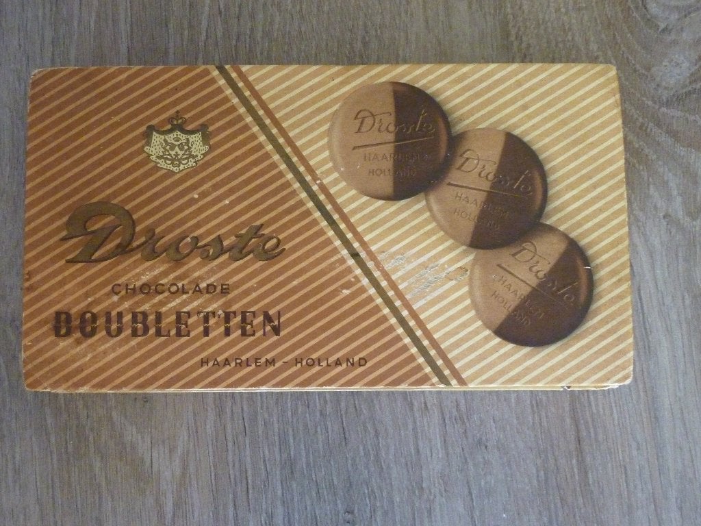 Droste cacao oude doos met 3 doubletten afbeelding, Ophalen of Verzenden, Gebruikt, Overige typen